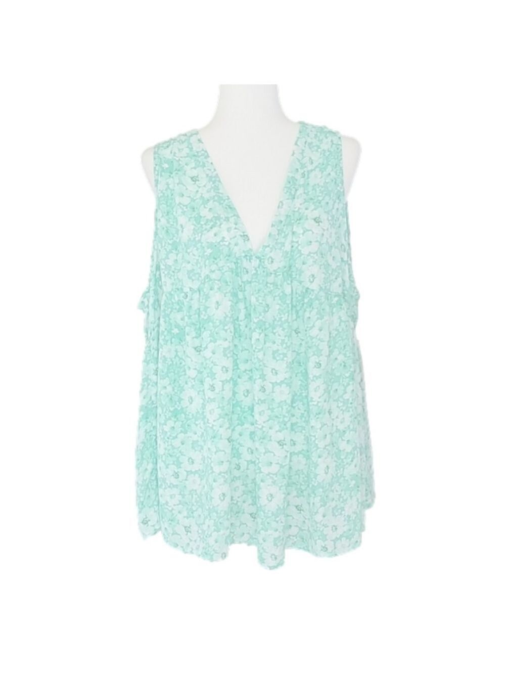 Emily Wonder V-Neck Sleeveless Green White Flowy Floral Gathered Top Size 2X NWT